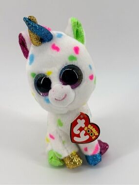 Ty Beanie Boo Harmonie Multicolor Unicorn Plush - White with Rainbow Spots